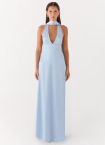 Alicia Satin Halter Maxi Dress - Baby Blue