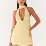Alicia Satin Halter Mini Dress - Pastel Yellow