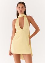 Alicia Satin Halter Mini Dress - Pastel Yellow