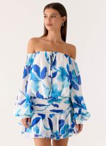Eira Balloon Sleeve Mini Dress - Cerulean Bloom