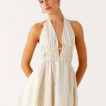 Figaro Halter Mini Dress - Taupe Stripe