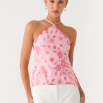 Janelle Beaded Halter Top - Pink