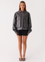Lula Faux Leather Bomber Jacket - Charcoal - 图片 2