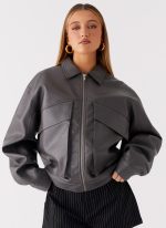 Lula Faux Leather Bomber Jacket - Charcoal