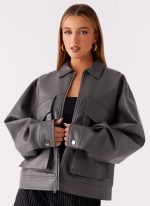 Lula Faux Leather Bomber Jacket - Charcoal - 图片 5