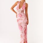 Micca Halter Maxi Dress - Pink Floral Print