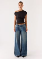 Neo Low Rise Wide Leg Denim Jeans - Vintage Blue Bleach Wash - 图片 2