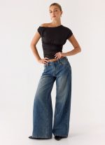 Neo Low Rise Wide Leg Denim Jeans - Vintage Blue Bleach Wash - 图片 5