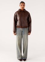 Outlands Faux Leather Bomber Jacket - Chocolate - 图片 2