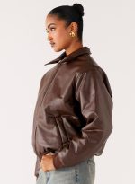 Outlands Faux Leather Bomber Jacket - Chocolate - 图片 3
