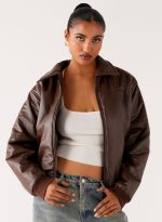 Outlands Faux Leather Bomber Jacket - Chocolate - 图片 6
