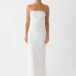 Sassafras Beaded Flower Strapless Maxi Dress - White