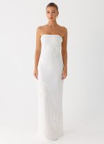 Sassafras Beaded Flower Strapless Maxi Dress - White