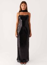 Scarf Neck Sequins Maxi Dress - Black - 图片 4