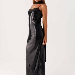 Scarf Neck Sequins Maxi Dress - Black