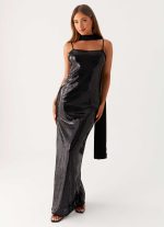Scarf Neck Sequins Maxi Dress - Black - 图片 5