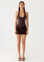 Set The Scene Halter Bodysuit - Chocolate - 图片 2