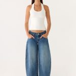 Stevie Low Rise Barrel Leg Denim Jeans - Mid Wash Blue