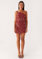 Temptational Beaded One Shoulder Mini Dress - Rust - 图片 2
