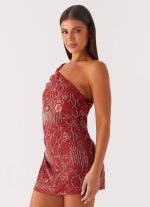 Temptational Beaded One Shoulder Mini Dress - Rust - 图片 3