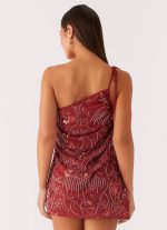 Temptational Beaded One Shoulder Mini Dress - Rust - 图片 4