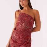 Temptational Beaded One Shoulder Mini Dress - Rust