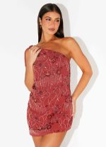 Temptational Beaded One Shoulder Mini Dress - Rust - 图片 5